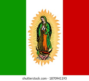 Virgin of Guadalupe and Mexican Flag Vector illustration.