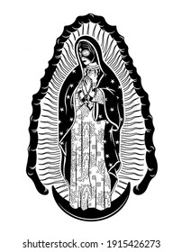 Virgin of Guadalupe with  Mexican Lucha Libre Luchador Mask. The Virgin Mary Vector Poster Illustration.