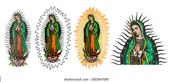 Virgin of Guadalupe, Mexican Virgen de Guadalupe color vector collection set.