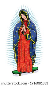 Virgin of Guadalupe on a skateboard. The Virgin Mary Vector Poster Illustration.