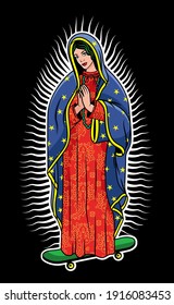 Virgin of Guadalupe on a skateboard. The Virgin Mary Vector Poster Illustration.