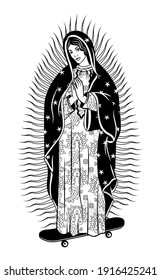 Virgin of Guadalupe on a skateboard. The Virgin Mary Vector Poster Illustration.