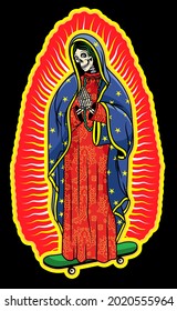 Virgin of Guadalupe on a skateboard. The Virgin Skeleton Mary Vector Poster Illustration.