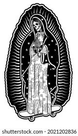 Virgin of Guadalupe on a skateboard. The Virgin Skeleton Mary Vector Poster Illustration.