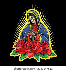 Virgin of Guadalupe with Roses. The Virgin Skeleton Mary Vector Poster Illustration.