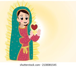 Virgin Guadalupe with sacred heart. Virgin of Mexico. Cute cartoon of Virgin of Guadalupe. Illustration vectorial.