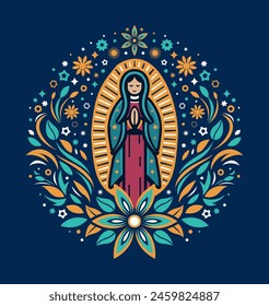 Virgen de Guadalupe, ilustración estilizada diseño floral virgen mexicana