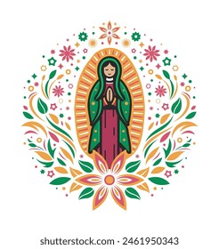 Virgin of Guadalupe, stylized illustration mexican virgin flower design