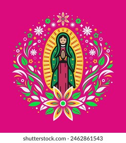 Virgen de Guadalupe, ilustración estilizada diseño floral virgen mexicana