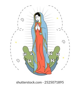 Virgin of Guadalupe. Woman in red dress. Religion and faith, belief. Roman catholicism. Culture and traditions. Myth and legend. Linear vector illustration isolated on white background