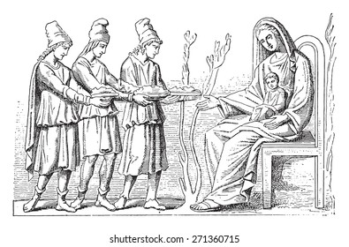 Virgin and holy Magi, vintage engraved illustration.
