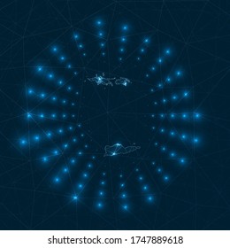 Mapa digital de las Islas Vírgenes. Rayos brillantes irradiando desde la isla. Conexiones de red y diseño de telecomunicaciones. Ilustración vectorial.