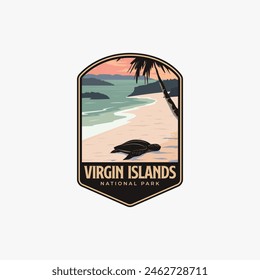 Ilustración de la insignia del parche del logotipo del Parque Nacional de las Islas Vírgenes, diseño hermoso del paisaje de la tortuga y de la playa