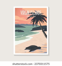 Afiche del Parque Nacional de las Islas Vírgenes, hermosa tortuga y el paisaje de la playa