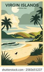 Virgin Islands National park USA travel poster in retro minimalist style. Beautiful american lanscape with sea beach, mountains and palm trees. Colorful flat vector illustration.