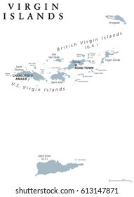Virgin Islands political map. Island group between Caribbean Sea and Atlantic Ocean. Part of Lesser Antilles and Leeward Islands. Gray illustration on white background. English labeling. Vector.