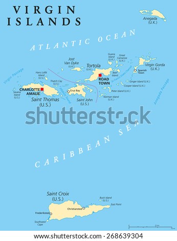 Virgin Islands Political Map. An island group between the Caribbean Sea and the Atlantic Ocean. British Virgin Islands and Virgin Islands of the United States. English labeling and scaling.