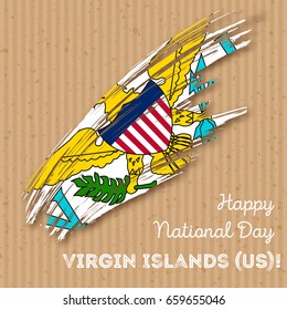 Virgin Islands (US) Independence Day Patriotic Design. Expressive Brush Stroke in National Flag Colors on kraft paper background. Vector Greeting Card.