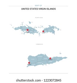 Virgin Islands vector map. Editable template with regions, cities, red pins and blue surface on white background.