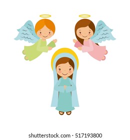 virgin mary with angels over white background. christmas colorful design. vector illustration