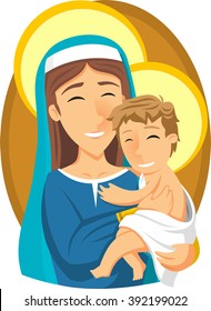 Virgin Mary and baby Jesus cartoon illustration