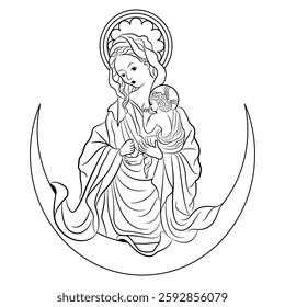 Virgin Mary with baby Jesus on crescent moon. Christian religious design. Medieval holy icon. Black and white linear silhouette.