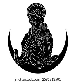 Virgin Mary with baby Jesus on crescent moon. Christian religious design. Medieval holy icon. Black and white silhouette.