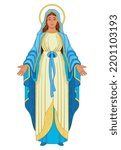 Virgin mary color composition with isolated image of saint woman with blue dress and golden halo vector illustration