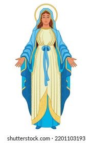 Virgin mary color composition with isolated image of saint woman with blue dress and golden halo vector illustration