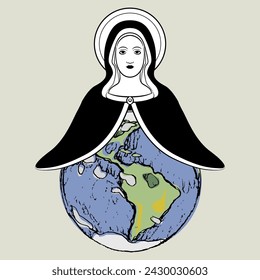 Virgin Mary covering and protecting planet Earth. Creative religious concept. Christian church.