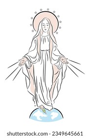 The Virgin Mary crushing the serpent of original sin with her foot. Line Art Concept