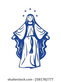 Virgin Mary with a glowing aura and open arms isolated vector illustration