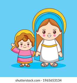 Virgin Mary with her child God cartoon. vector illustration