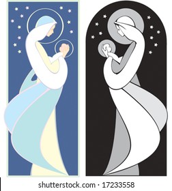 Virgin Mary holding baby Jesus, art nouveau style illustration , in full color and black and white.