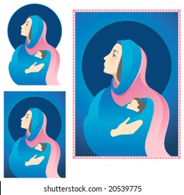 Virgin Mary holding baby Jesus, with plain border, zigzag border and white background