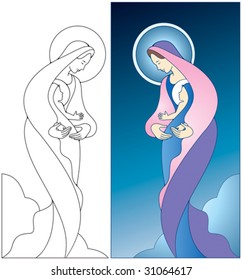 Virgin Mary holding baby Jesus, color and black and white images included.