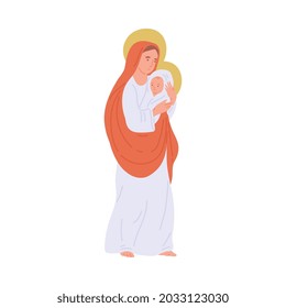 Virgin Mary holding God baby Jesus Christ - cartoon vector illustration of Christian Bible characters. Biblical mother and son isolated on white background.