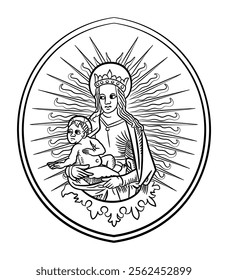 Virgin Mary holding Jesus Christ, the son of God, behind them divine rays of light, surrounded by a lens shaped frame, a reminiscent of a vesica piscis. Based on a French medieval woodcut from 1525.