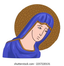 Virgin Mary icon, Christianity and religion of old times. Worshiping and believing in god, church or cathedral mosaic, picture of saint. Spirituality and prayers. Vector in flat style illustration