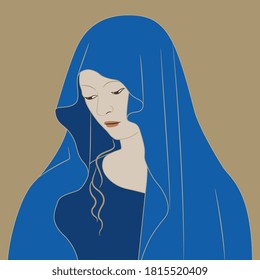 Virgin Mary icon. Portrait of beautiful medieval saint lady in blue hood or veil.