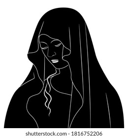 Virgin Mary icon. Portrait of beautiful medieval saint lady in a hood or veil. Black and white silhouette.