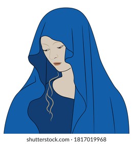 Virgin Mary icon. Portrait of beautiful medieval saint lady in blue hood or veil.