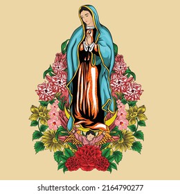 Virgin Mary illustration design with beautiful floral background suitable for t-shirt design