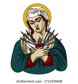 Virgin mary. immaculate heart of lady mary sacred faith religion holy illustration. vector 2020.