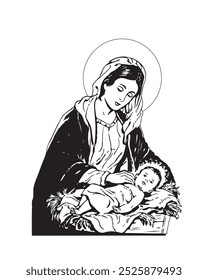 Virgin Mary and Infant Jesus Vector Madonna and Child Catholic religious Illustration 