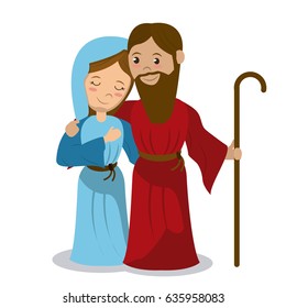 virgin mary and joseph holding stick, hugging