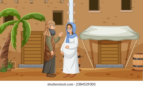 Virgin Mary, Joseph, and the Nativity story depicted in a cartoon illustration