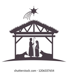 virgin mary and joseph in stable with animals silhouettes