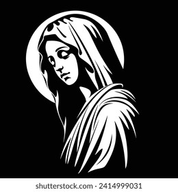 Virgin Mary Mother of Jesus, Holy Mary, madonna, vector illustration, black on white background, printable, suitable for logo, sign, tattoo, laser cutting, sticker and other print on demand	