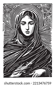 Virgin Mary mother of Jezus drawing. Licecut style sketch of Holy Mary.